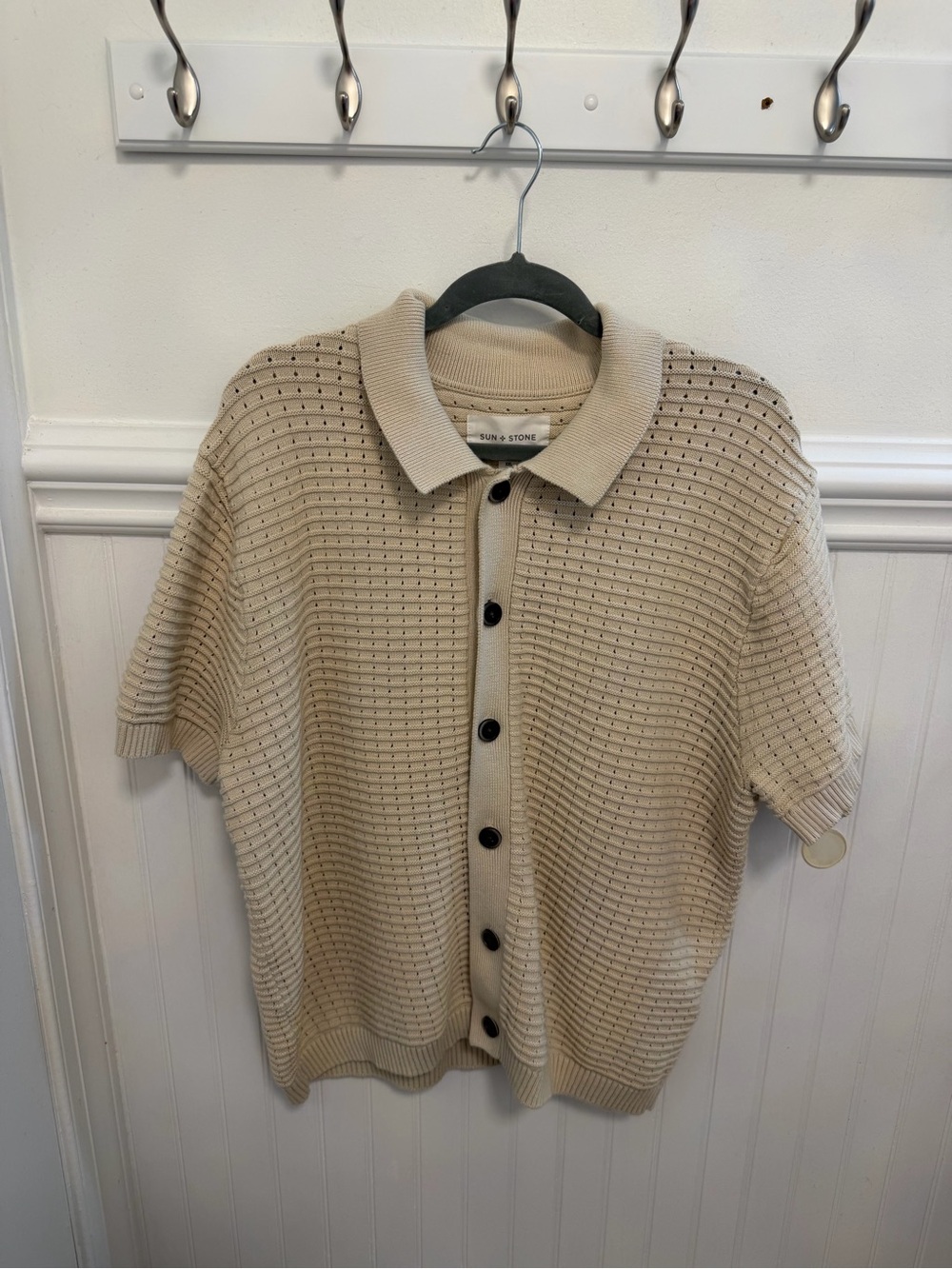 Sun + Stone Beige Short-Sleeve Button-Down Knit Shirt